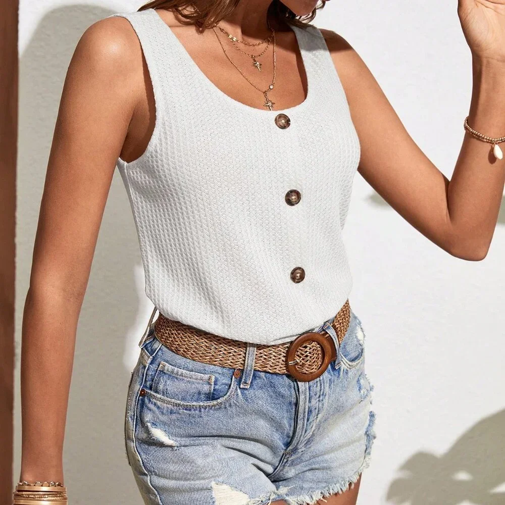 Tank Top, Waffle Knit Fake Button Tank Top, Cami Top, Summer Sexy Minimalist Top - Picture 4 of 8